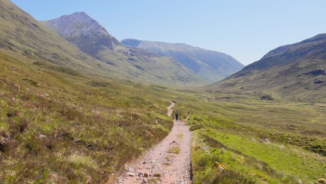 West Highland Way hiking trail stretching into the distance with lush green grass, cloudless skies, and rolling hills, Scotland