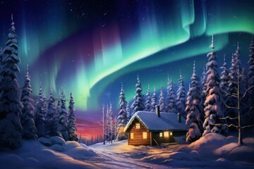Enchanted Lapland Retreat: Detailed Winter Cabin, Rising Smoke, Snowy Forest, and Night Sky Aurora