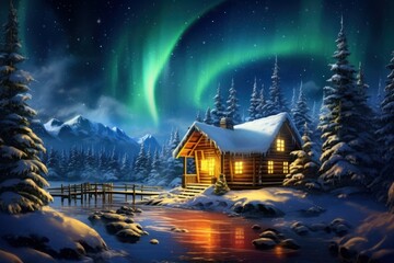 Nordic Winter Reverie: Hyper-Realistic Cabin Amidst Enchanted Snowy Forest and Dancing Northern Lights