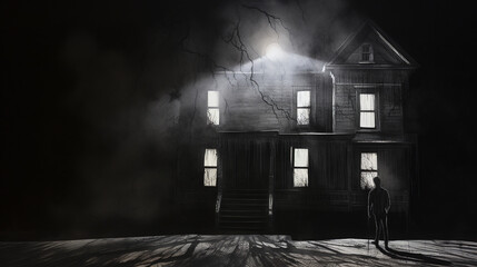 Fototapeta premium Beautiful Spooky House with LIghts Inside
