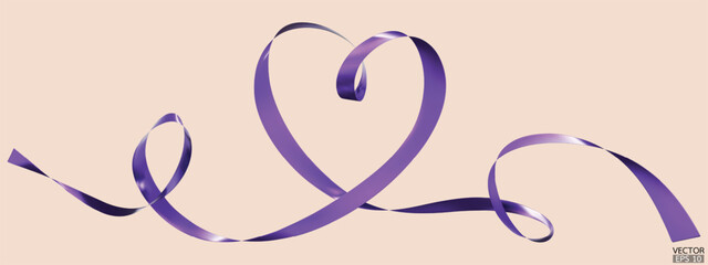 Purple ribbons heart isolated on beige background. Continuous ribbon line art drawing. Element for Valentine's day, mother's day wedding and print. 3D vector illustration.