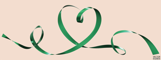 Green ribbons heart isolated on beige background. Continuous ribbon line art drawing. Element for Valentine's day, mother's day wedding and print. 3D vector illustration.