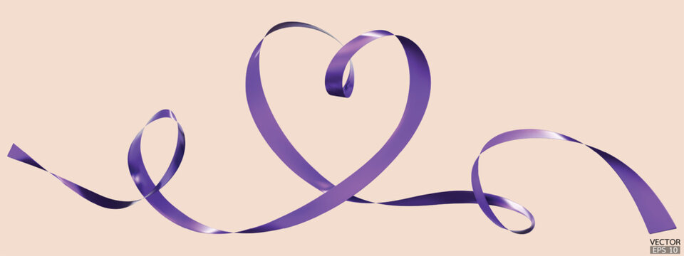 Purple ribbons heart isolated on beige background. Continuous ribbon line art drawing. Element for Valentine's day, mother's day wedding and print. 3D vector illustration.
