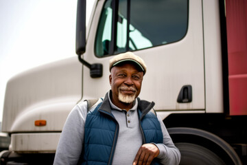 Authentic portrait of a proud, confident African American truck driver standing before his truck, symbolizing the vigor of shipping and transport industry