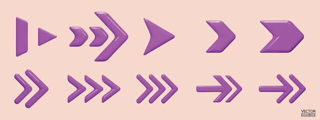 Set of purple vector arrows. Shiny 3d glass Arrows icon. Arrows Cartoon minimal style collection. 3d vector illustration.