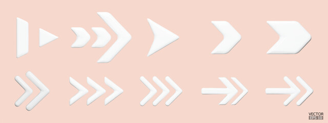 Set of white vector arrows. Shiny 3d glass Arrows icon. Arrows Cartoon minimal style collection. 3d vector illustration.