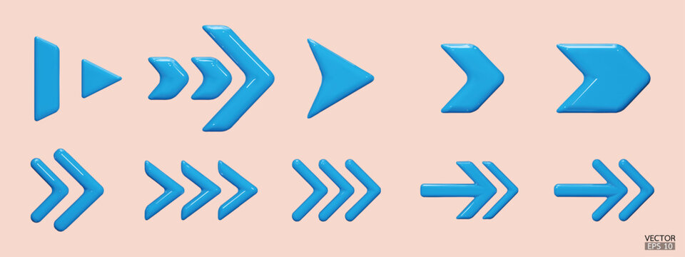 Set of blue vector arrows. Shiny 3d glass Arrows icon. Arrows Cartoon minimal style collection. 3d vector illustration.