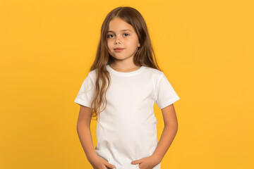 child, wearing bella canvas white shirt mockup, at yellow background. Design tshirt template, print presentation mock-up, generative AI - obrazy, fototapety, plakaty