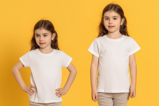 child, wearing bella canvas white shirt mockup, at yellow background. Design tshirt template, print presentation mock-up, generative AI