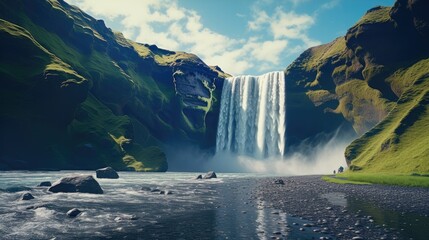 Skogafoss waterfall in Iceland. Cartoon illustration