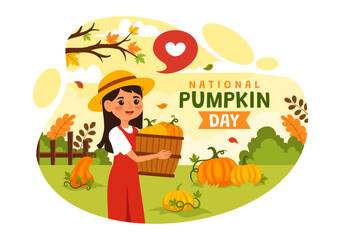 Obraz na płótnie Canvas National Pumpkin Day Vector Illustration on 26 October with Cute Cartoon Style Pumpkin Character on Garden Background Hand Drawn Template