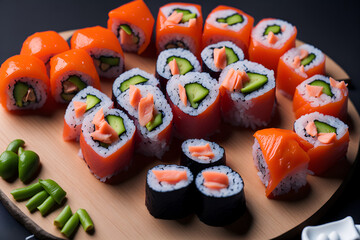 A close-up of delicious sushi with perfectly cut slices and vibrant colors, ensuring an irresistible oriental dining experience. Generated by AI