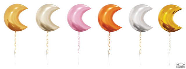 Set of realistic vector gold, pink Crescent Moon balloons isolated on white background. Helium Moon balloons clipart for anniversary, birthday, wedding, party. © vensto