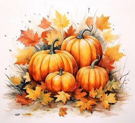 Autumnal Watercolor, Vibrant Fall Leaves and Pumpkins