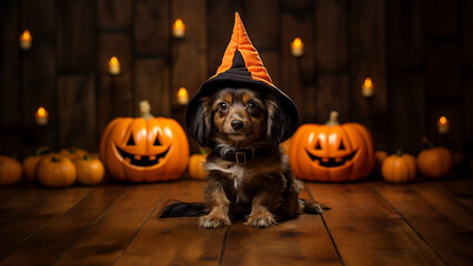 Tiny pet dog wearing a wizard hat and celebrating Halloween with a pair of giant pumpkins. AI art.