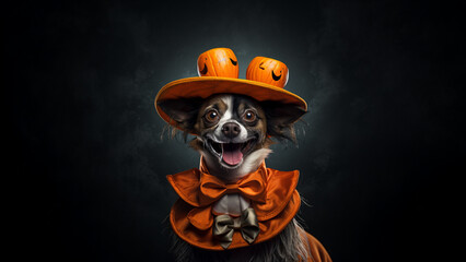 Fototapeta na wymiar Dorky dog wearing a pair of tiny pumpkins on the hat to celebrate Halloween. AI art. 