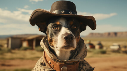 Cowboy dog in the Midwest desert. Ballad of the West life. Animal photo. American. AI art. - obrazy, fototapety, plakaty