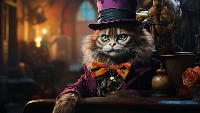 Alice in Wonderland? Mad catter in tophat and fancy bowtie. Steampunk fantasy. AI art. 