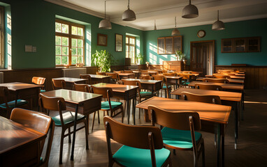 interior of a traditional style school classroom empty School classroom with desks chair wood greenboard