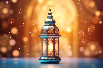 Fototapeta premium Ornamental Arabic lantern with burning candle glowing . Festive greeting card, invitation for Muslim holy month Ramadan Kareem. Ramadan Kareem greeting photo with serene mosque background