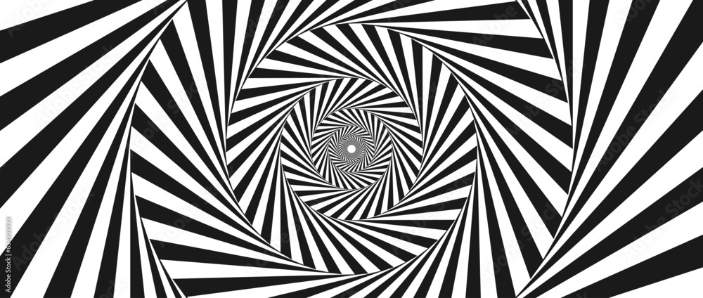 Poster radial optical illusion background. black and white abstract rotating lines in circles. poster, bann