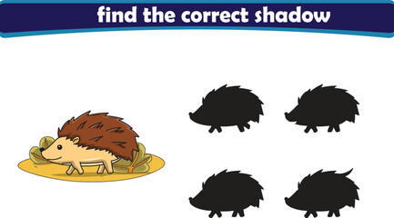 Funny cartoon hedgehog. find the correct shadow. Kids Education games. Cartoon vector illustration