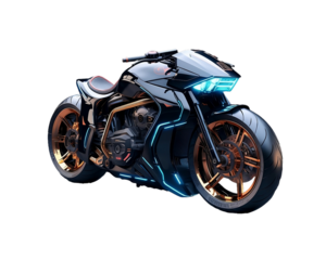 Futuristic black with yellow accents sports motorcycle on isolated clear background, ready for object and retouch design. Generative AI