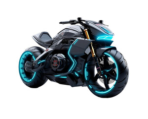 Futuristic black with blue accents sports motorcycle on isolated clear background, ready for object and retouch design. Generative AI