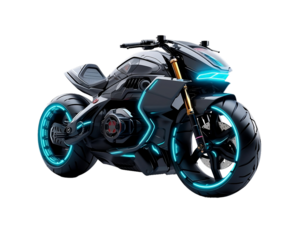 Futuristic black with blue accents sports motorcycle on isolated clear background, ready for object and retouch design. Generative AI