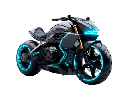 Futuristic black with blue accents sports motorcycle on isolated clear background, ready for object and retouch design. Generative AI