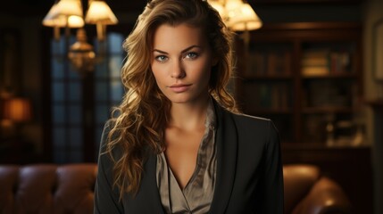 Welcoming Smile of A Professional Woman's Portrait in Classic Surroundings, a Curious Glance, and the Intimate Smell of Books and Antiques - Generative AI