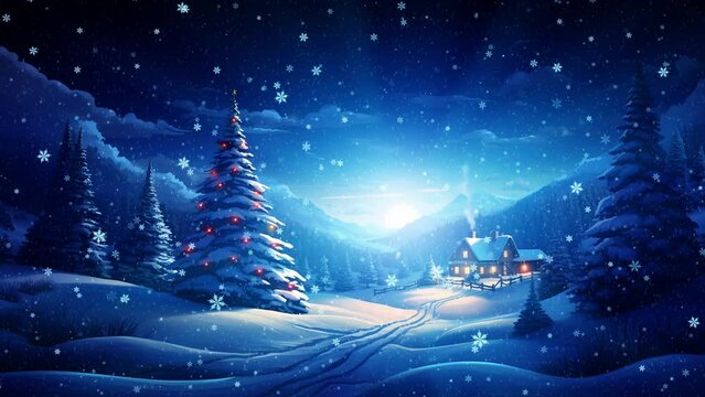 Chistmas tree in the winter landscape during snowing artistic vision of a xmas scene with snowflakes 4k footage