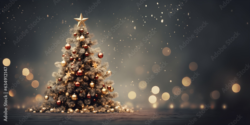 Wall mural empty space christmas tree decoration with lights bokeh blurred background, ai generate