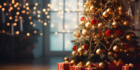 Fototapeta na wymiar Decorated Christmas tree with lights bokeh blurred background, AI generate