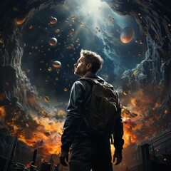 man astronaut on the moon space with backpack looking up futuristic