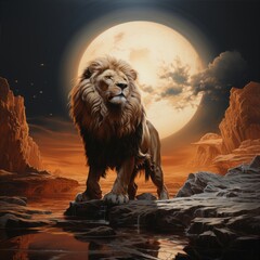 lion on earth with moon on dark sky background