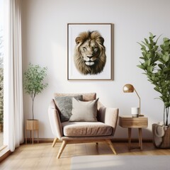Living room bright with frame in the wall of Lion