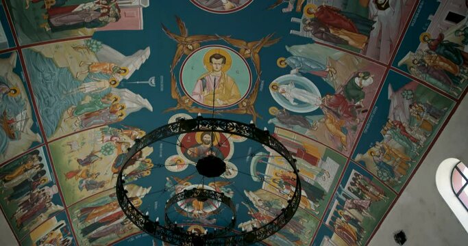 orthodox serbian church ,wide view of the painted ceiling , decorated with beautiful paintings of saints and angels, Botswana, Gaborone,