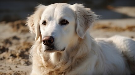 Close up beautiful white golden retriever dog standing, looking and staring at something with nature background. Generative AI technology.