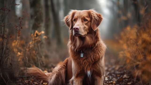 Brown Nova Scotia Duck Tolling Retriver dog sitting, relax and playing in the woods. Generative AI technology.