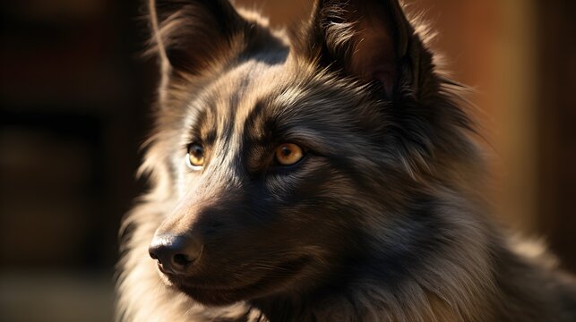 Hairy gray Keeshond dog standing, look and stare at something. Generative AI technology.