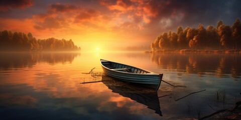 boat on the lake with mist at sunset time, generative AI