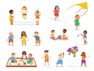 Children are engaged in summer activities: playing in the sandbox, flying a kite, spinning a hoop, playing hopscotch, jumping rope and rubber bands. Multiculturalism and diversity. Vector illustration