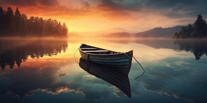 boat on the lake with mist at sunset time, generative AI