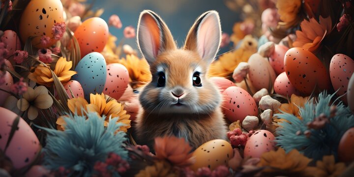 cute baby brown bunny in a bird's nest with easter eggs