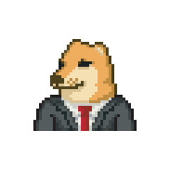 Dog in formal suit, pixel art meme