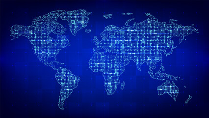 World map. Abstract map of planet made with binary code. Global network connection. Futuristic background with map of planet Earth. Digital binary data and streaming digital code. Vector Illustration.
