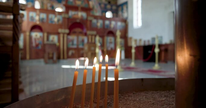Botswana, Gaborone, orthodox serbian church ,candles burning, altar in the background