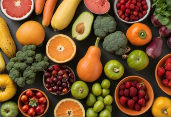 Flat lay of paper bag with fresh fruits and vegetables