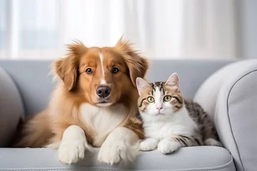 Fotobehang Cat and dog together on the sofa © Aleksandr Bryliaev